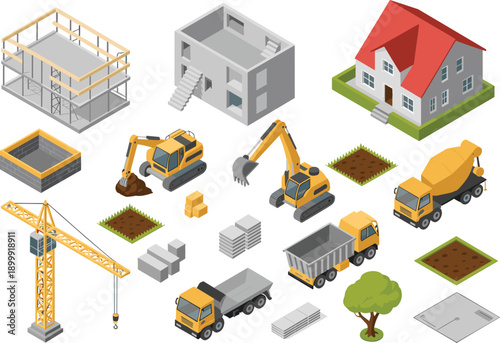 Isometric construction site vector illustration featuring buildings machinery trucks crane excavator concrete mixer housing development
