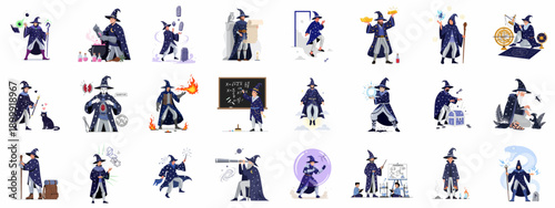 Vector set of fantasy wizard characters performing magic spells, alchemy, astronomical study, teaching, and seeking mythical treasures and adventure.