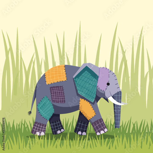 Colorful Patchwork Elephant Walking Forward.