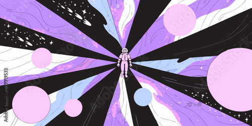 An astronaut floats within a vibrant swirling cosmic and abstract landscape
