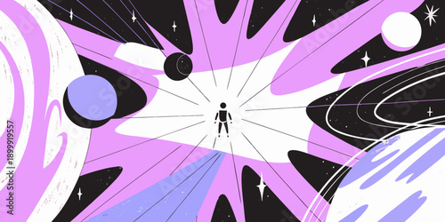 A lone figure stands within a swirling colorful vortex of space and light