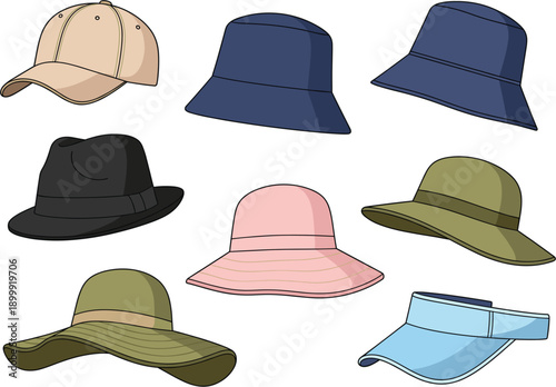 Casual and stylish hats collection including caps bucket hats and visors in flat vector illustration style