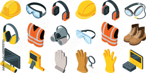 Isometric personal protective equipment icons set with helmets gloves goggles boots ear protection safety gear industrial construction vector illustration
