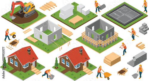 Isometric residential house construction vector illustration showing building stages workers tools materials foundation framing roofing home development process architecture design