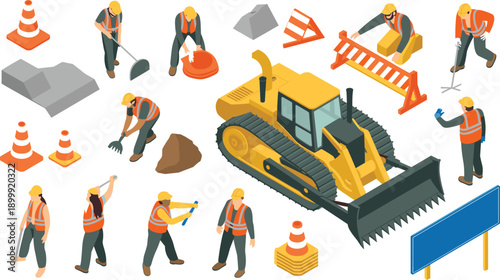 Isometric road construction illustration featuring workers bulldozer safety barriers tools and traffic cones for infrastructure development vector design