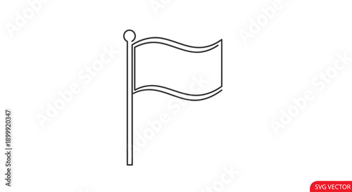 Waving Flag Icon on Pole, Simple Outline Vector, White Background