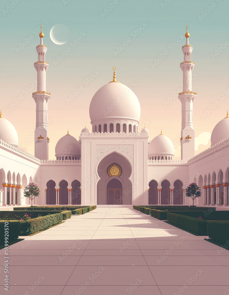 Obraz premium Grand White Mosque at Dawn with Crescent Moon, Islamic Architecture
