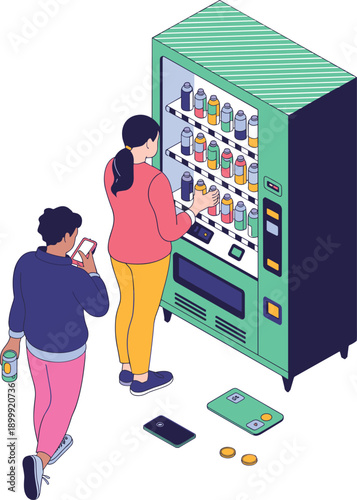 Isometric vending machine illustration showing people buying drinks with mobile payment technology in modern retail environment vector design for ecommerce