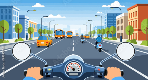 First Person View of Motorcycle Rider in Busy City Street Traffic