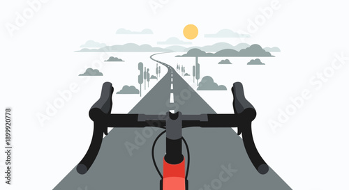 First-person view of a bicycle on a road, with sun and mountains in the background.