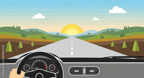 Driving on open road towards sunset, view from car interior, landscape travel