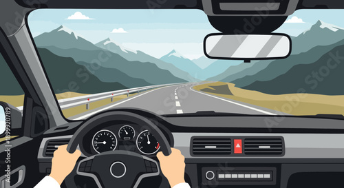 Driving scenic mountain road trip, POV from car interior, journey to adventure