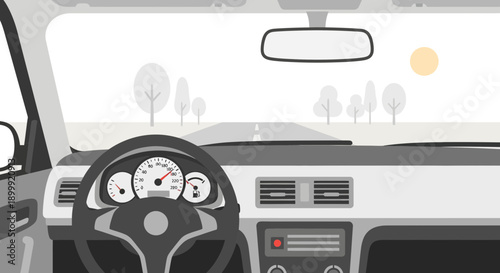 Car Interior View: Steering Wheel, Dashboard, and Road Ahead