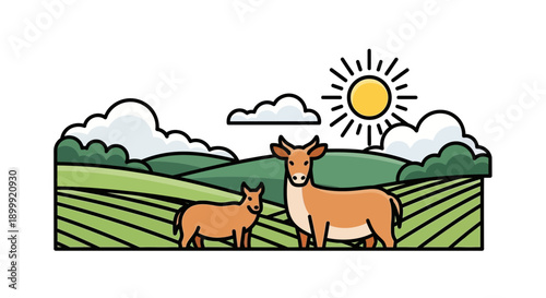Farm animals grazing in green fields under the sun, rural landscape illustration