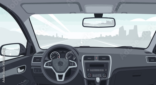 Driving View From Car Interior Dashboard Steering Wheel Highway Cityscape