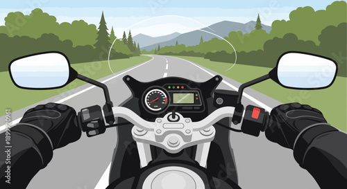First-person view of motorcycle ride on scenic highway through mountains and forest