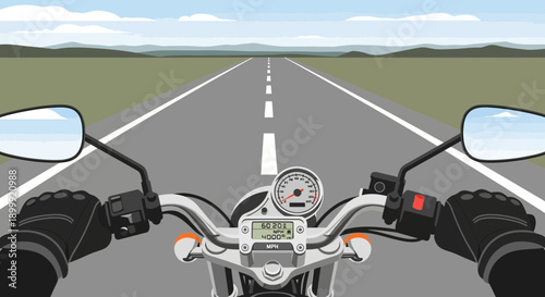 Riding a motorcycle on an open road, first-person perspective, clear sky, countryside landscape
