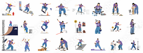 Dynamic vector set of skateboarders executing various tricks and activities related to urban street sports culture and lifestyle.