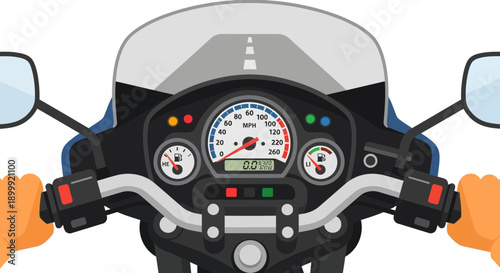 Motorcycle Dashboard View: Rider's Hands on Handlebars, Speedometer Display