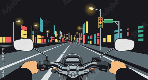 Riding Motorcycle at Night Through Colorful Cityscape with Traffic Lights