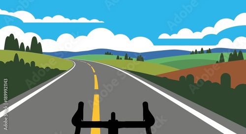 Cycling journey on a scenic country road with rolling hills and blue sky