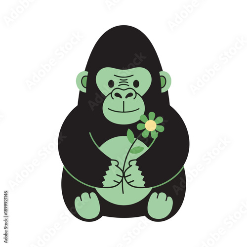 Green Gorilla Holding Flower Sitting Down.