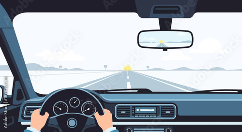 Driving on an empty highway towards the sun, first-person view, flat design illustration