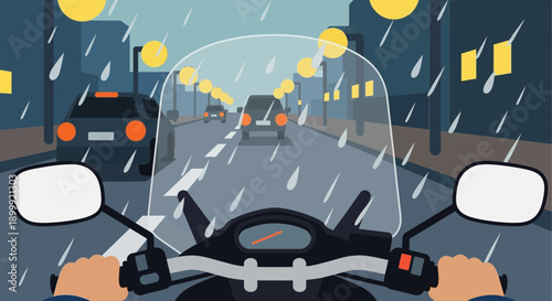 Riding motorcycle in heavy rain on city street at night, first person view