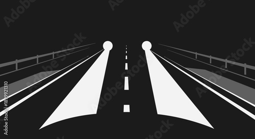 Perspective view of a dark highway with headlights and guardrails