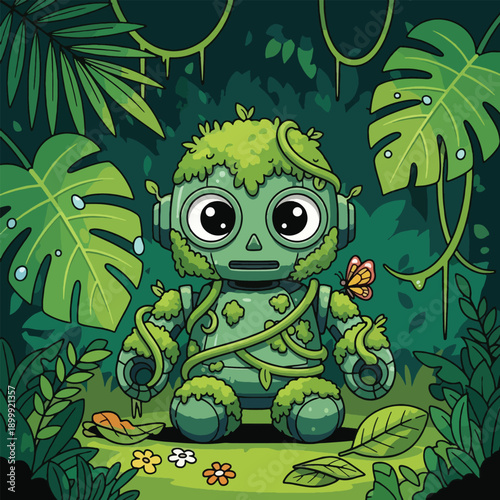 Green robot with large eyes sitting.