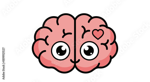 Cute Cartoon Brain with Heart Icon, Illustration of Happy and Healthy Mind