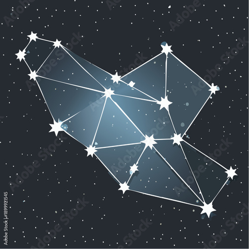 Orion constellation depicted with bright blue stars and connecting lines against a dark night sky full of stars