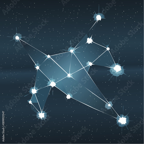 Orion constellation depicted with bright blue stars and connecting lines against a dark night sky full of stars