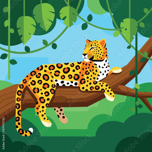 Leopard resting on tree branch outside.