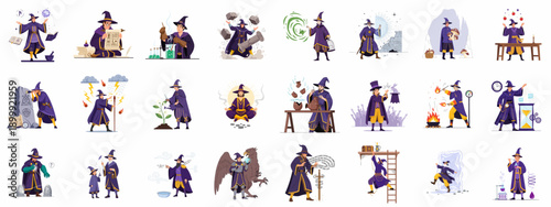 Fantasy wizard character collection performing magic, alchemy, divination, and sorcery in various poses, spells, and adventure scenarios.