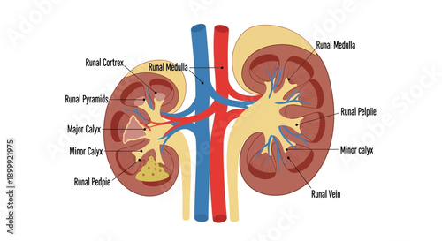Human Kidney Anatomy Diagram, Medical Illustration, Renal System
