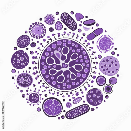 Detailed microscopic view of abnormal cell formation and development of possible human illness in purple colors for biology and science