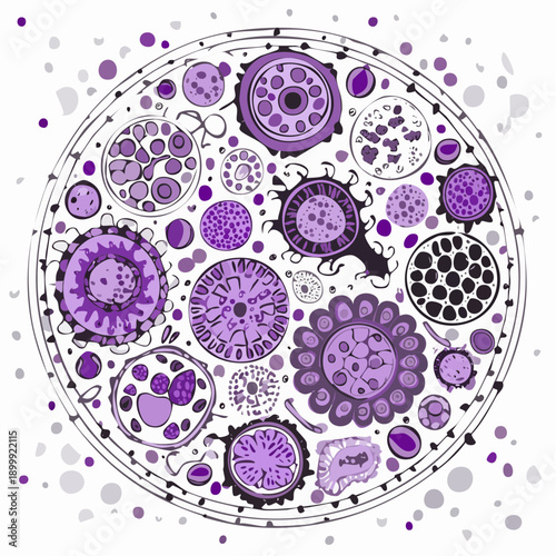 Detailed microscopic view of abnormal cell formation and development of possible human illness in purple colors for biology and science