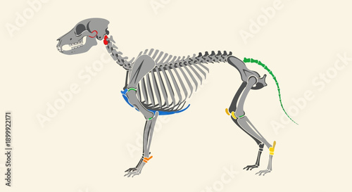 Dog Skeleton Anatomy Illustration, Side View, Medical Colors
