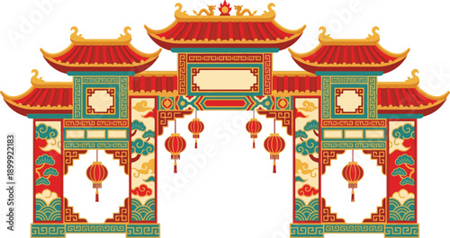 Traditional Chinese Pagoda Gate with Red Lanterns, Pine Branches, and Oriental Cloud Patterns