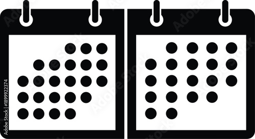 Stylized black and white dual calendar icons with dotted grids, ring binding, bold lines, symbolizing scheduling, planning, and organization