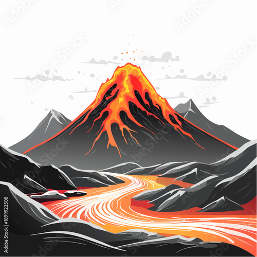 Dramatic mountain landscape with lava rivers flowing, dark moody sky, volcanic peaks, and surreal lighting effects in an otherworldly setting
