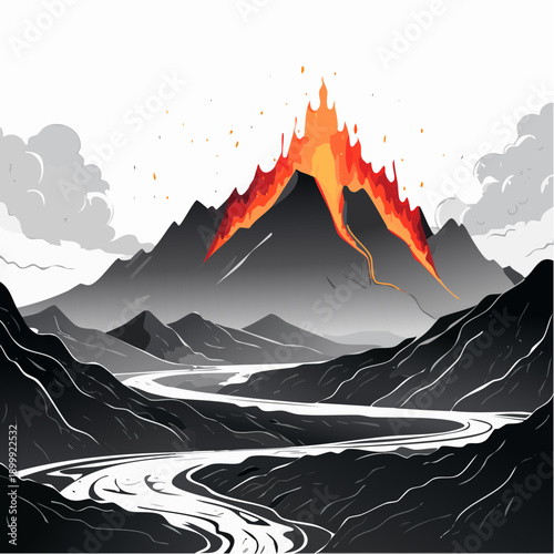 Dramatic mountain landscape with lava rivers flowing, dark moody sky, volcanic peaks, and surreal lighting effects in an otherworldly setting
