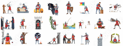 Medieval Knight Life Set: Daily Routines, Training, Questing, and Adventures of a Fully Armored Warrior in Cartoon Style.