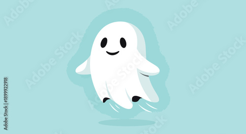 Cute cartoon ghost character flying on light blue background