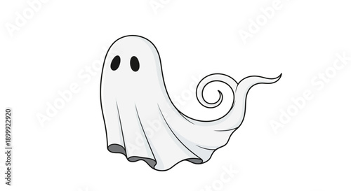 Cute cartoon ghost illustration with floating tail on white background