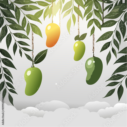 Fresh, ripe mangoes hanging on the tree with lush foliage in a tropical setting under bright sunlight and a blue sky