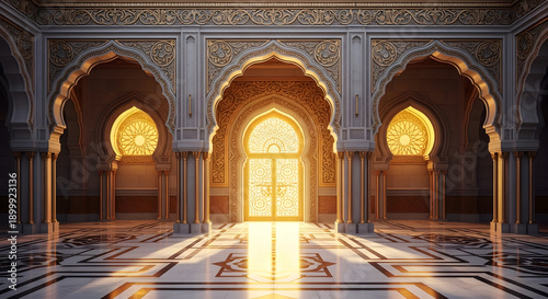 Ornate mosque interior featuring white marble pillars and golden decorative archways with intricate geometric patterns under warm bright light from central door