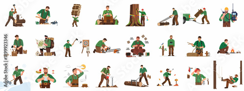 Lumberjack Life Vector Set: Man Working in Forestry, Chopping Wood, Using Tools, Camping, and Enjoying Nature Activities.
