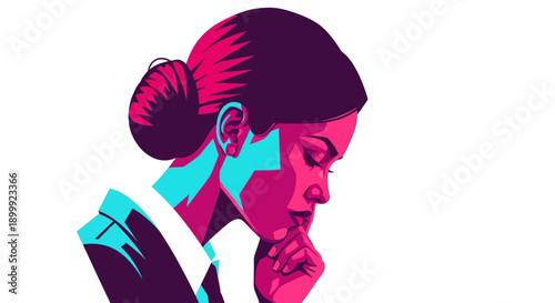 Neon Pop Art Illustration of Pensive Woman Thinking. Vibrant Graphic Style Portrait of a Businesswoman Contemplating Strategy.